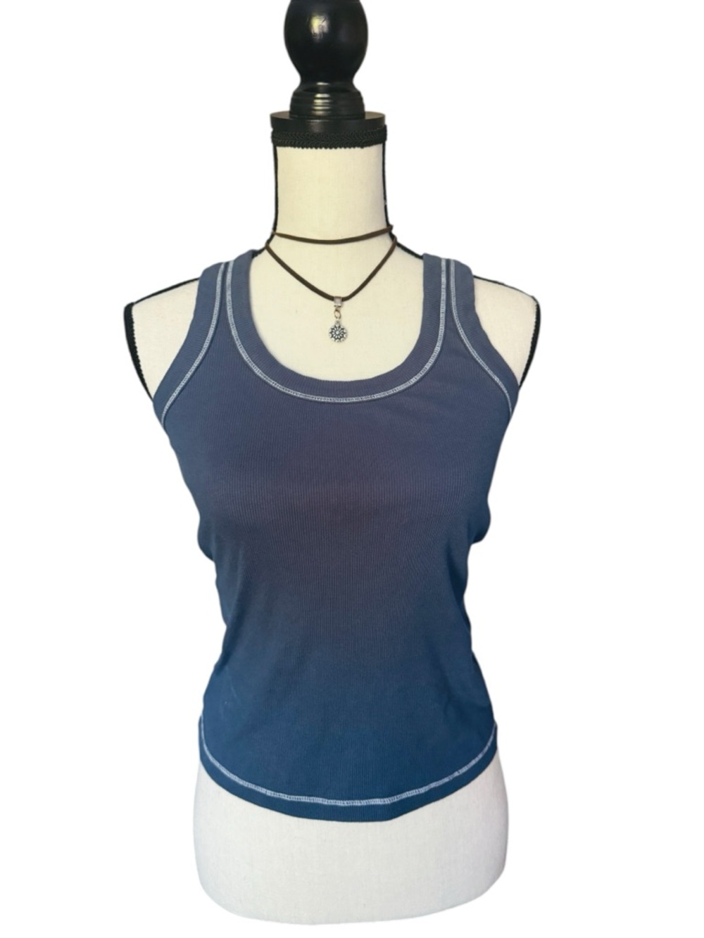 Pilcro Anthropologie Blue Ribbed Tank Top Medium Contrast Stitch Scoop Neck